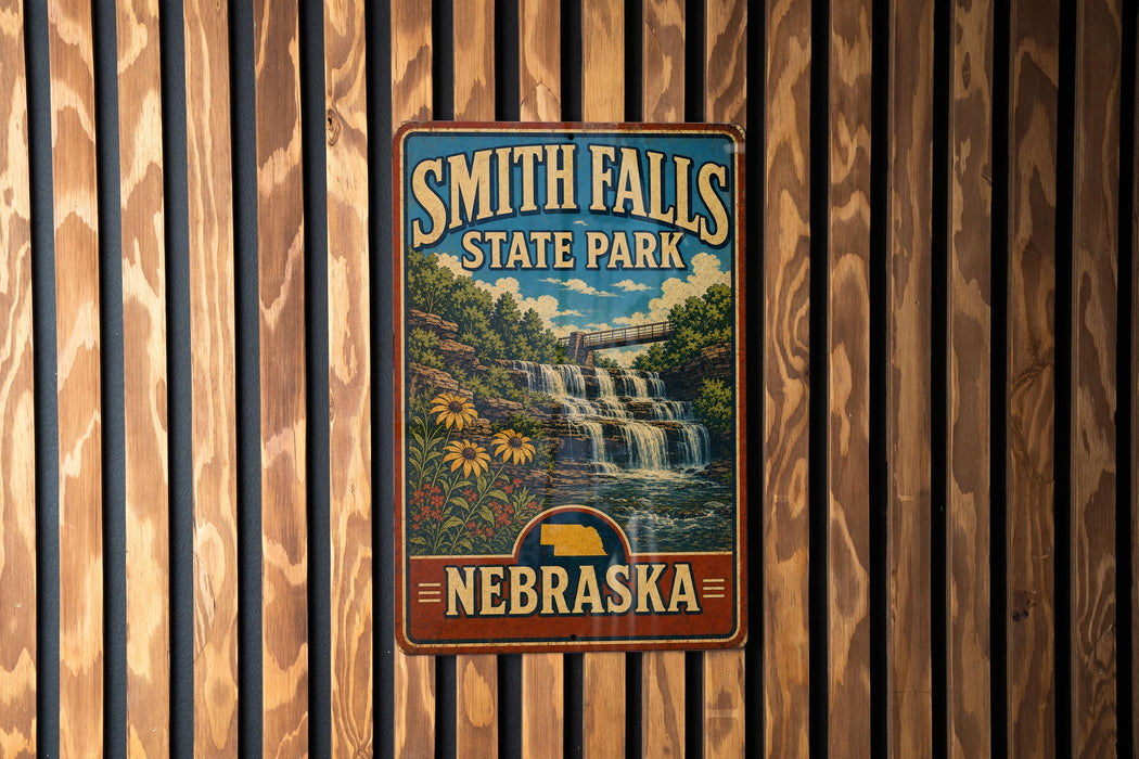 A vintage metal sign for Smith Falls State Park in Nebraska, featuring a scenic image of the waterfall and surrounding landscape.