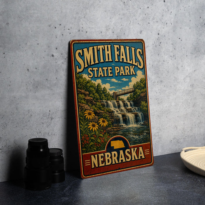 A vintage-style sign for Smith Falls State Park in Nebraska, featuring a scenic illustration of a waterfall surrounded by flowers.