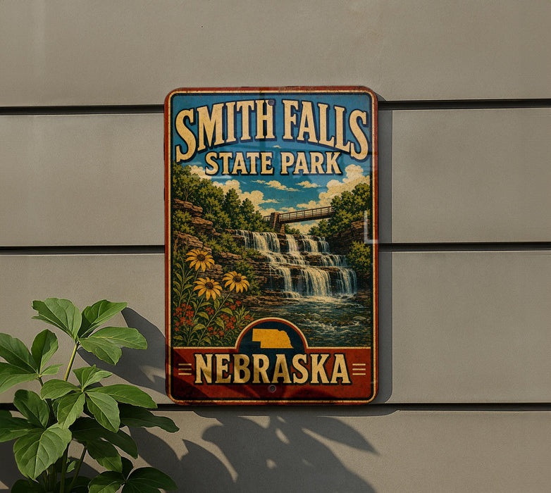 A vintage-style sign for Smith Falls State Park in Nebraska, featuring a scenic image of a waterfall surrounded by lush greenery.
