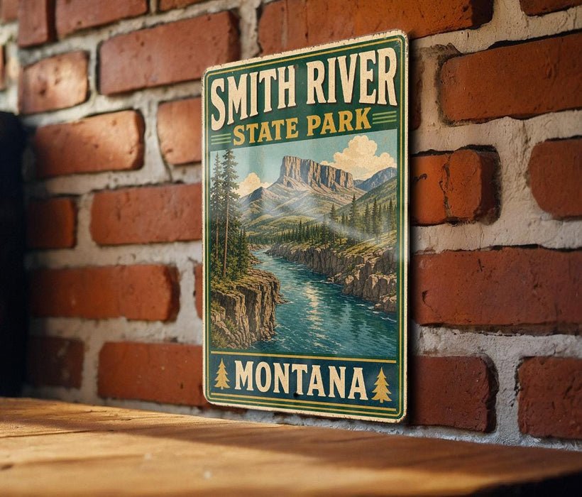 A vintage-style metal sign for Smith River State Park in Montana, featuring a scenic mountain landscape with a river flowing through it.
