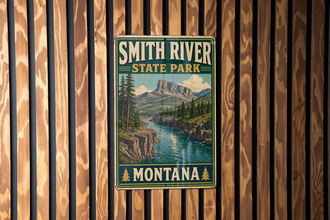 A vintage-style sign for Smith River State Park in Montana, featuring a scenic mountain landscape with a river flowing through it.