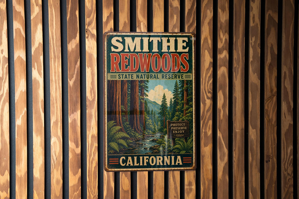 A vintage metal sign for Smithe Redwoods State Natural Reserve in California, featuring a scenic image of the redwood forest.
