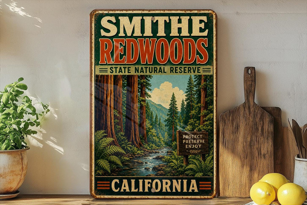 A vintage-style sign for Smithe Redwoods State Natural Reserve in California, featuring a scenic image of the redwood forest and a sign that reads "Project Preserve Enjoy California".