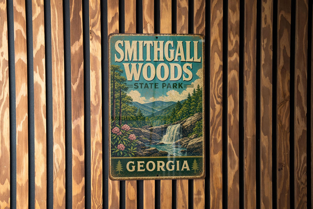 A vintage metal sign for Smithgall Woods State Park in Georgia, featuring a scenic illustration of the park's natural surroundings.
