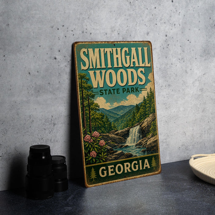 A vintage-style metal sign for Smithgall Woods State Park in Georgia, featuring a scenic illustration of the park's natural surroundings.