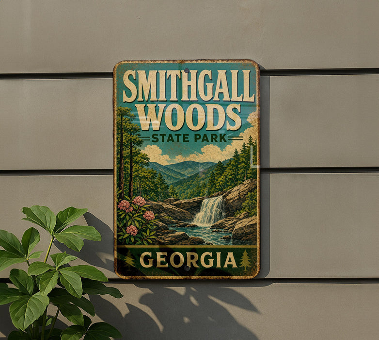 A vintage-style metal sign for Smithgall Woods State Park in Georgia, featuring a scenic landscape with a waterfall and mountains.