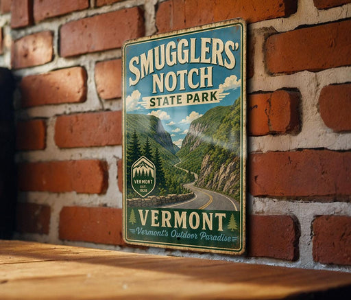 A vintage-style metal sign for Smugglers' Notch State Park in Vermont, featuring a scenic mountain landscape.