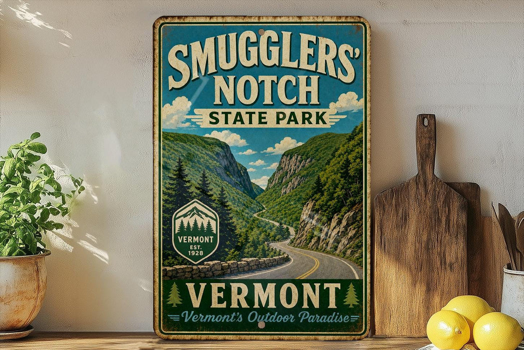 A vintage-style sign for Smugglers' Notch State Park in Vermont, featuring a scenic mountain landscape with a winding road.