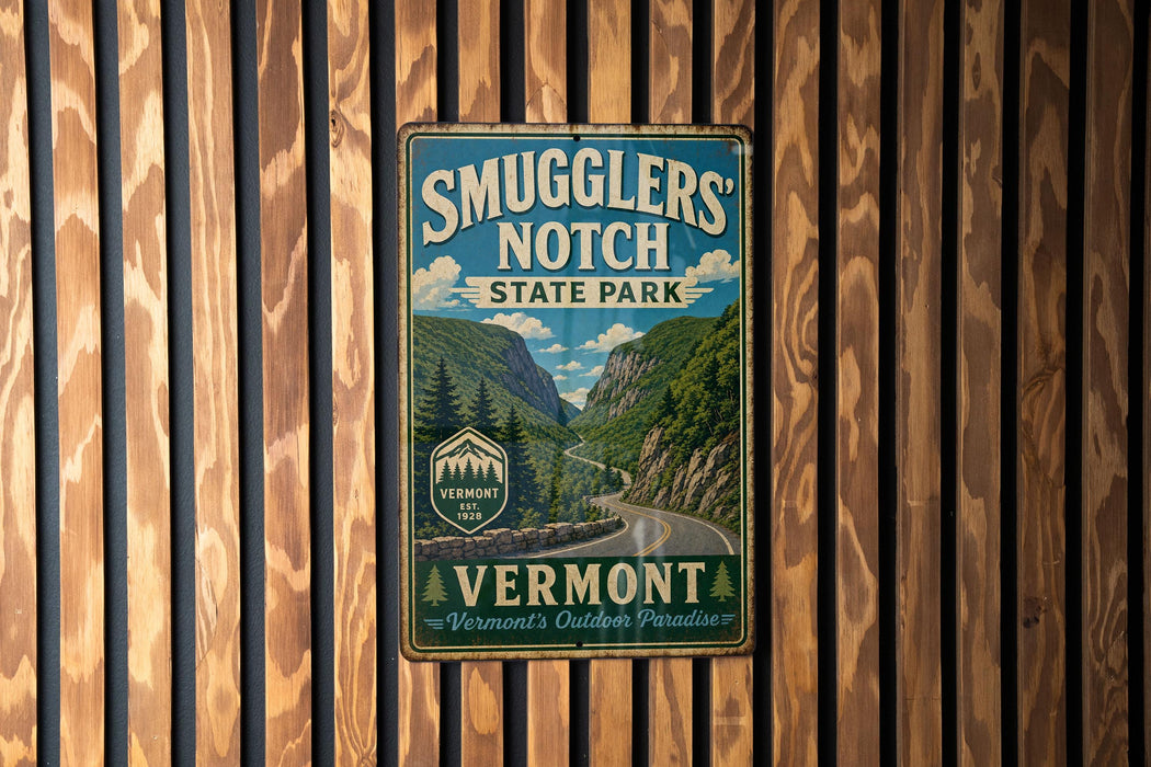 A vintage-style metal sign for Smugglers' Notch State Park in Vermont, featuring a scenic mountain landscape.
