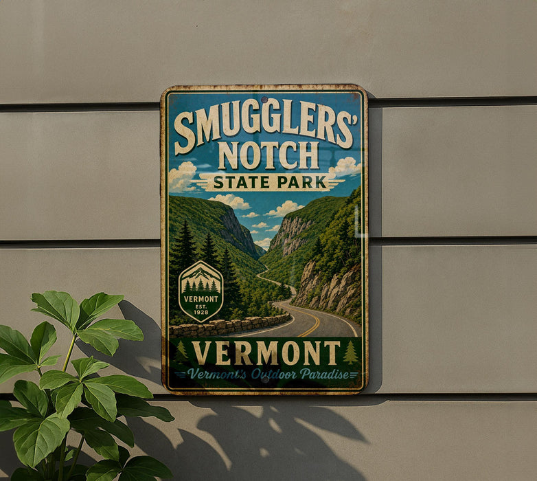 A vintage-style metal sign for Smugglers' Notch State Park in Vermont, featuring a scenic mountain landscape with a winding road.