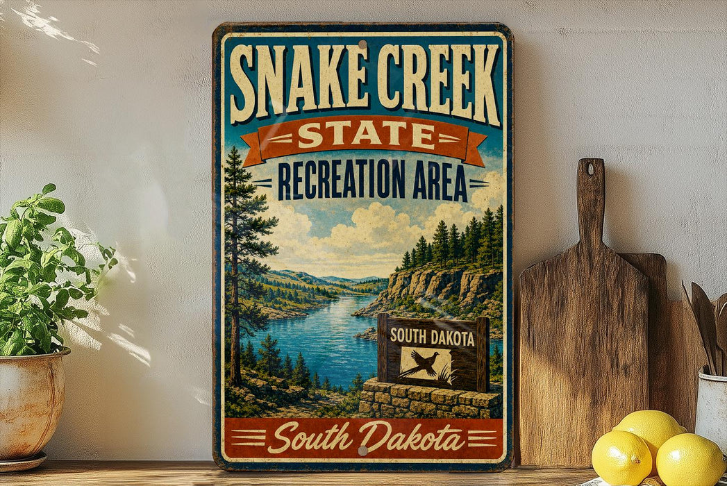 A vintage-style sign for Snake Creek State Recreation Area in South Dakota, featuring a scenic landscape with a river, mountains, and pine trees.