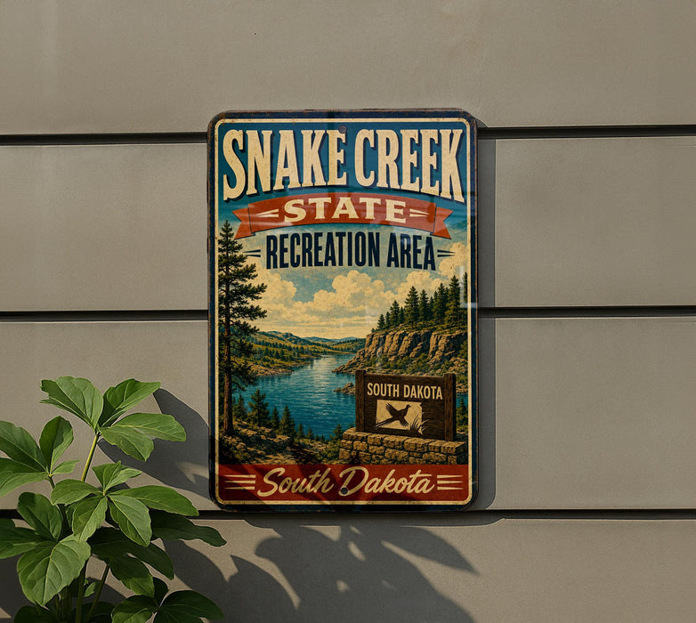 A vintage-style sign for Snake Creek State Recreation Area in South Dakota, featuring a scenic landscape with a river and mountains.