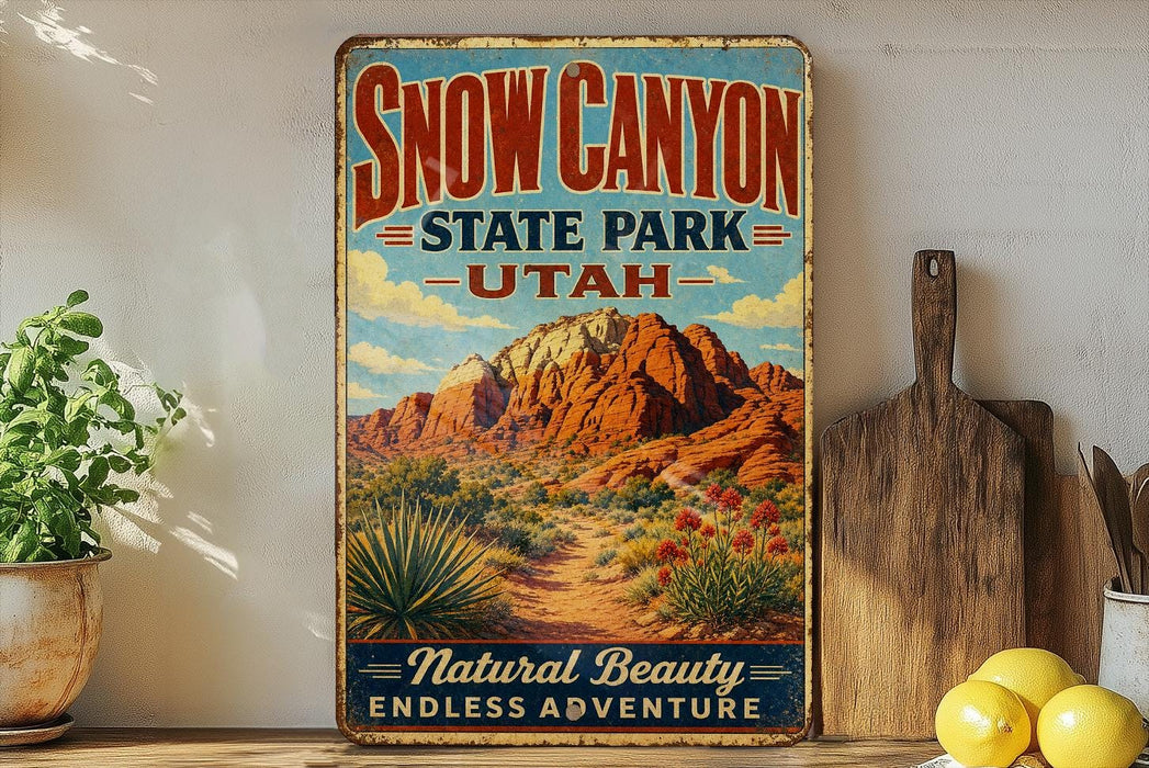 A vintage-style metal sign for Snow Canyon State Park in Utah, featuring a desert landscape with mountains and a path leading to the park.