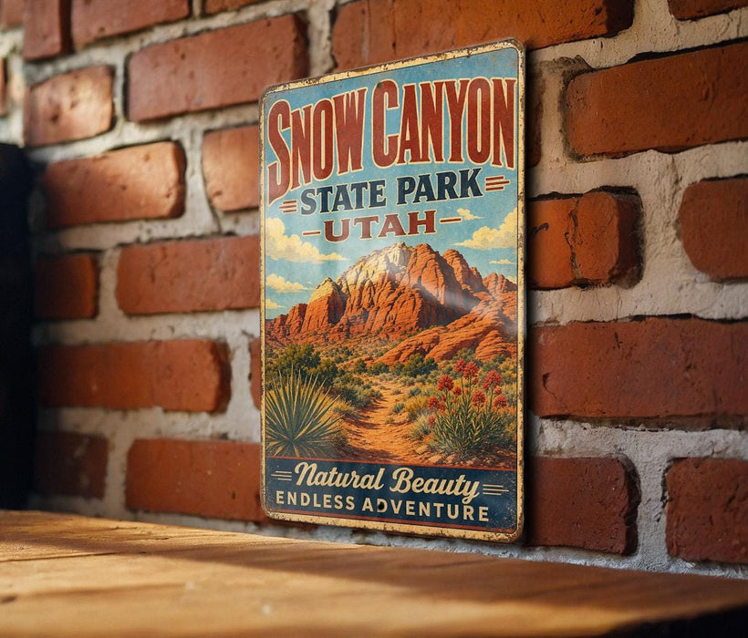 A vintage-style metal sign for Snow Canyon State Park in Utah, featuring a desert landscape with mountains and desert plants.