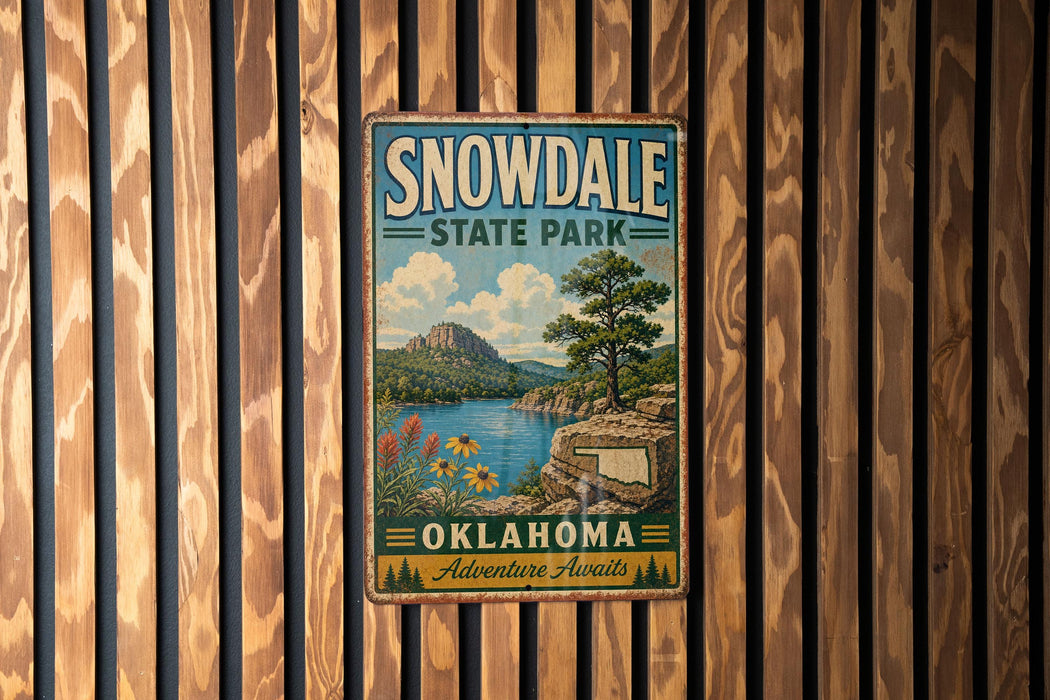 A vintage-style metal sign for Snowdale State Park in Oklahoma, featuring a scenic landscape with a lake, mountains, and a tree.