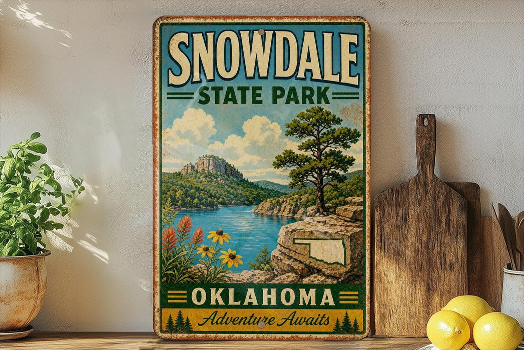 A vintage-style sign for Snowdale State Park in Oklahoma, featuring a scenic landscape with a lake, mountains, and a tree.