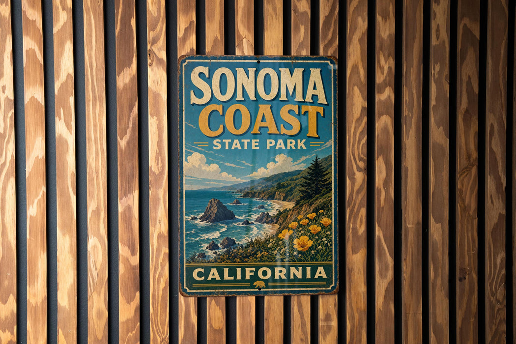 A vintage metal sign for Sonoma Coast State Park in California, featuring a scenic coastal landscape with mountains, ocean, and flowers.