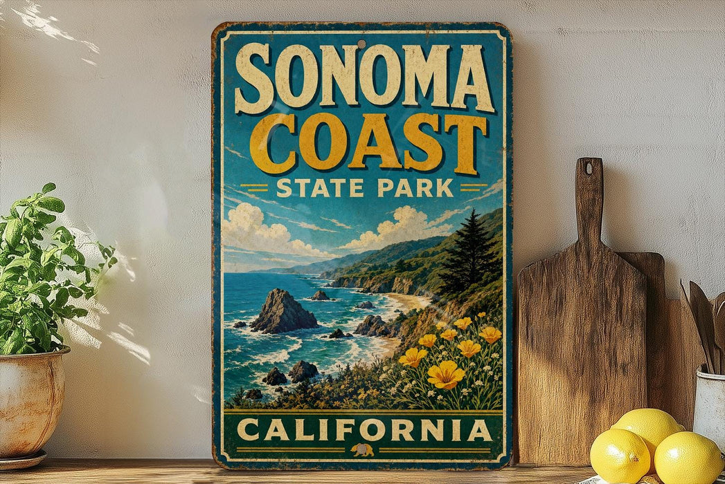 A vintage-style sign for Sonoma Coast State Park in California, featuring a scenic coastal landscape with rocky cliffs, a beach, and a pine tree.