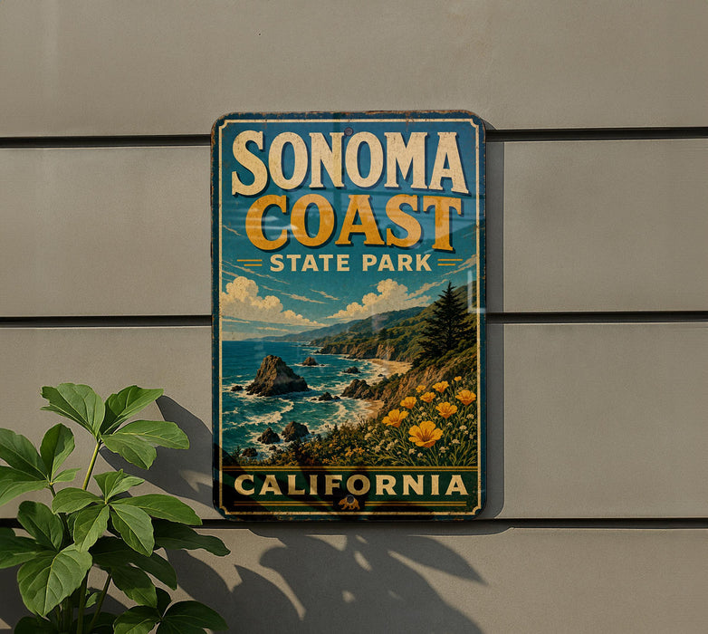 A vintage-style sign for Sonoma Coast State Park in California, featuring a scenic coastal landscape with mountains, ocean, and flowers.