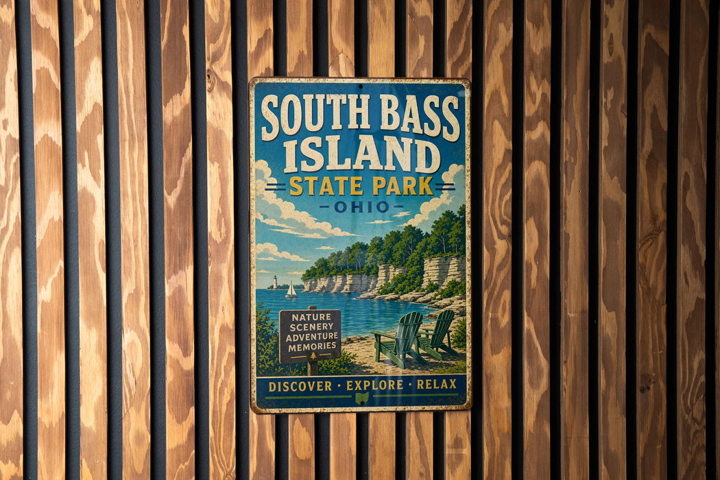 A vintage metal sign for South Bass Island State Park in Ohio, featuring a scenic image of a beach and lake with a lighthouse.