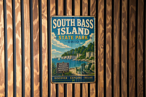 A vintage metal sign for South Bass Island State Park in Ohio, featuring a scenic image of a beach and lake with a lighthouse.