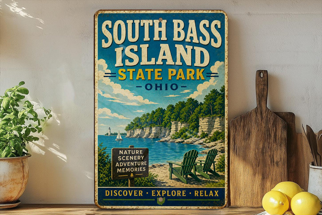 A vintage-style sign for South Bass Island State Park in Ohio, featuring a scenic illustration of the park's natural beauty and beach.