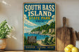 A vintage-style sign for South Bass Island State Park in Ohio, featuring a scenic illustration of the park's natural beauty and beach.