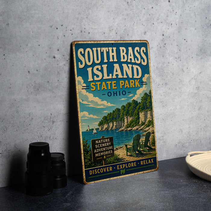 A vintage-style sign for South Bass Island State Park in Ohio, featuring a scenic illustration of a lake, cliffs, and a beach with chairs.