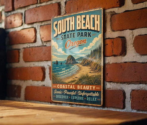 A vintage-style metal sign for South Beach State Park in Oregon, featuring a scenic coastal landscape with mountains, water, and beach.
