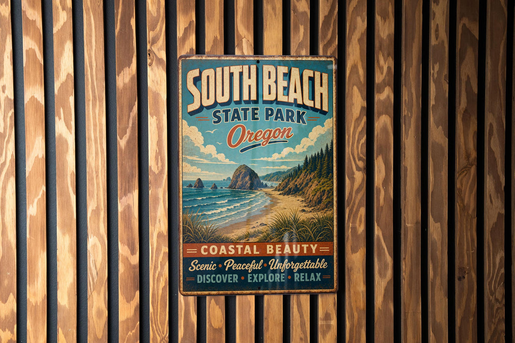 A vintage-style metal sign for South Beach State Park in Oregon, featuring a scenic coastal landscape with mountains, water, and beach.