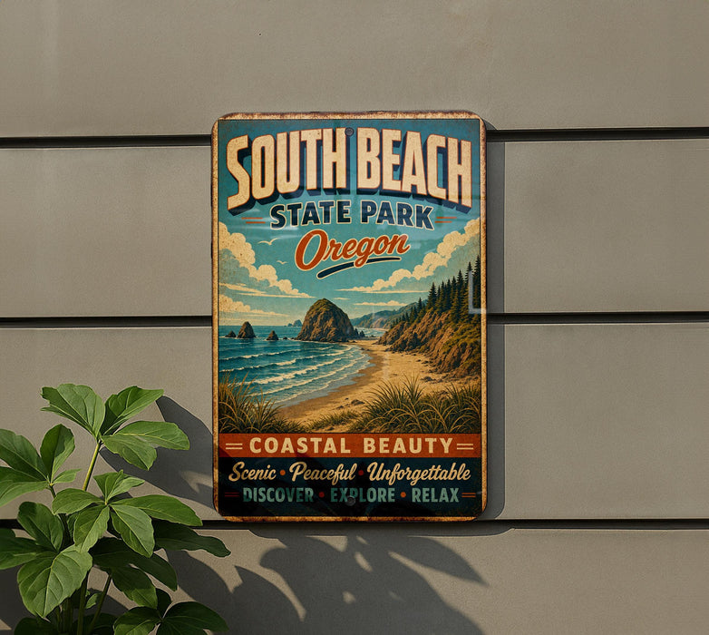 A vintage-style sign for South Beach State Park in Oregon, featuring a scenic coastal landscape with mountains, water, and beach.