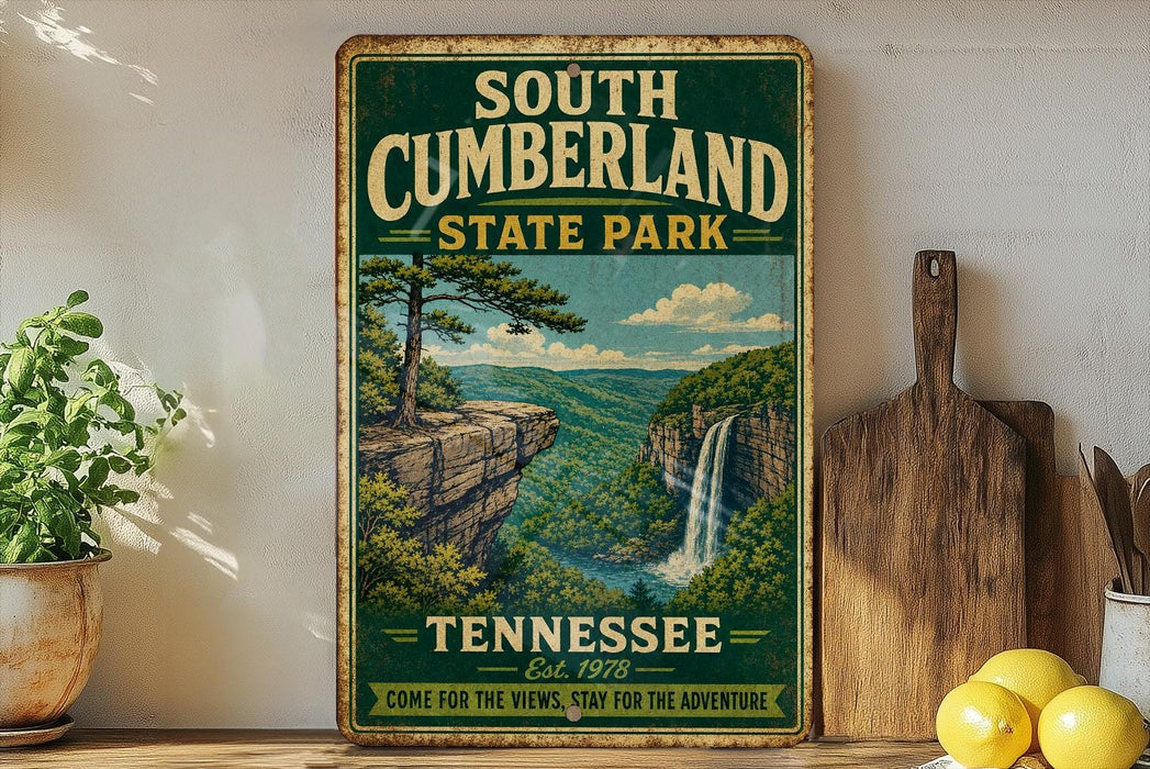 A vintage-style sign for South Cumberland State Park in Tennessee, featuring a scenic landscape with a waterfall and mountains.