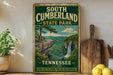 A vintage-style sign for South Cumberland State Park in Tennessee, featuring a scenic landscape with a waterfall and mountains.