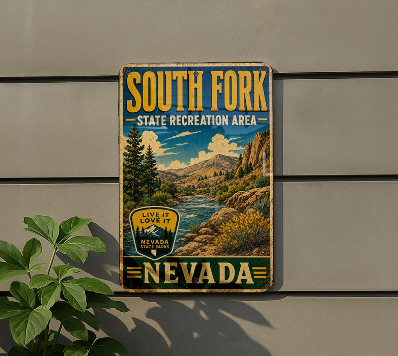 A vintage-style sign for South Fork State Recreation Area in Nevada, featuring a scenic mountain landscape and a river.