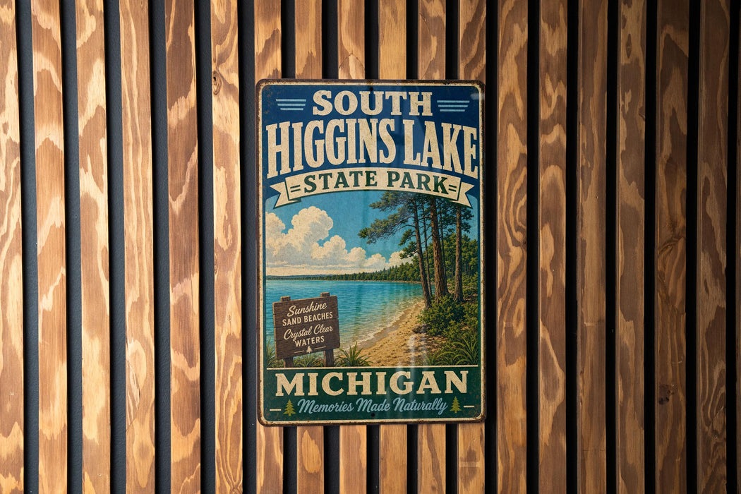 A vintage metal sign for South Higgins Lake State Park in Michigan, featuring a scenic image of the lake and surrounding landscape.