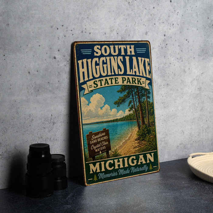A vintage-style metal sign for South Higgins Lake State Park in Michigan, featuring a scenic beach and lake landscape.