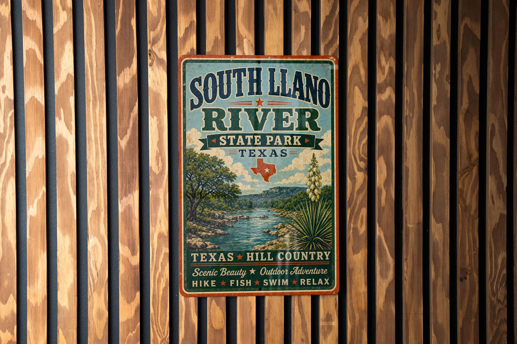 A vintage-style metal sign for South Llano River State Park in Texas, featuring a scenic landscape with a river, trees, and a desert backdrop.