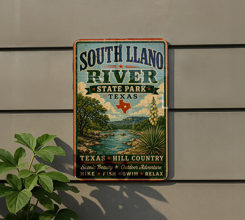 A vintage-style sign for South Llano River State Park in Texas, featuring a scenic landscape with a river, mountains, and a desert backdrop.