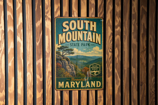 A vintage metal sign for South Mountain State Park in Maryland, featuring a scenic mountain landscape and the text "Beautiful Maryland".