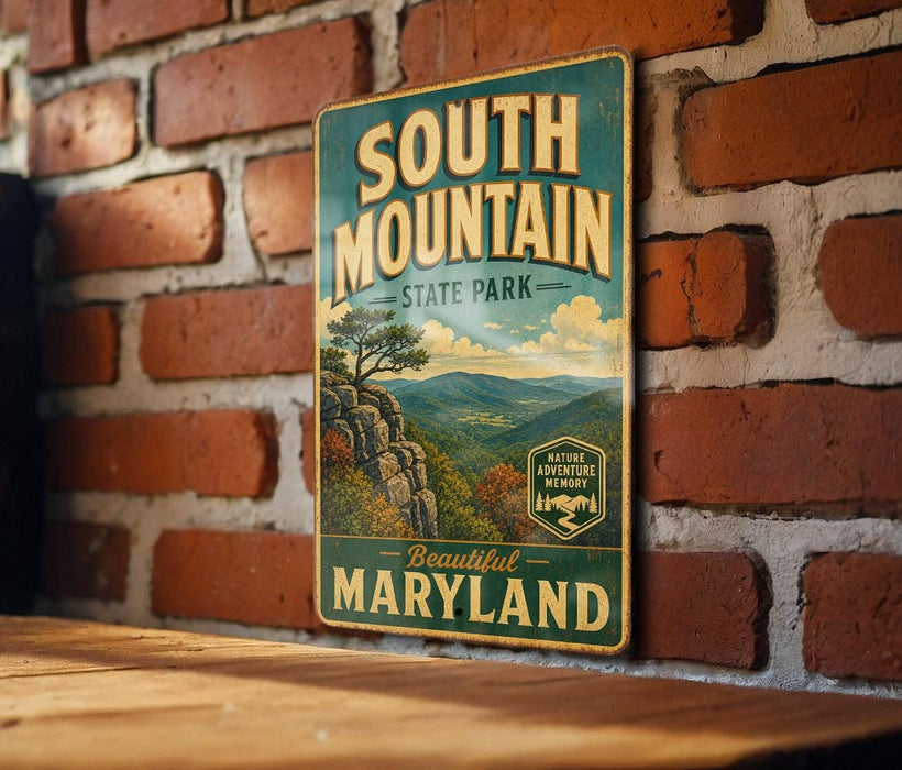 A vintage metal sign for South Mountain State Park in Maryland, featuring a scenic mountain landscape and the text "Beautiful Maryland".