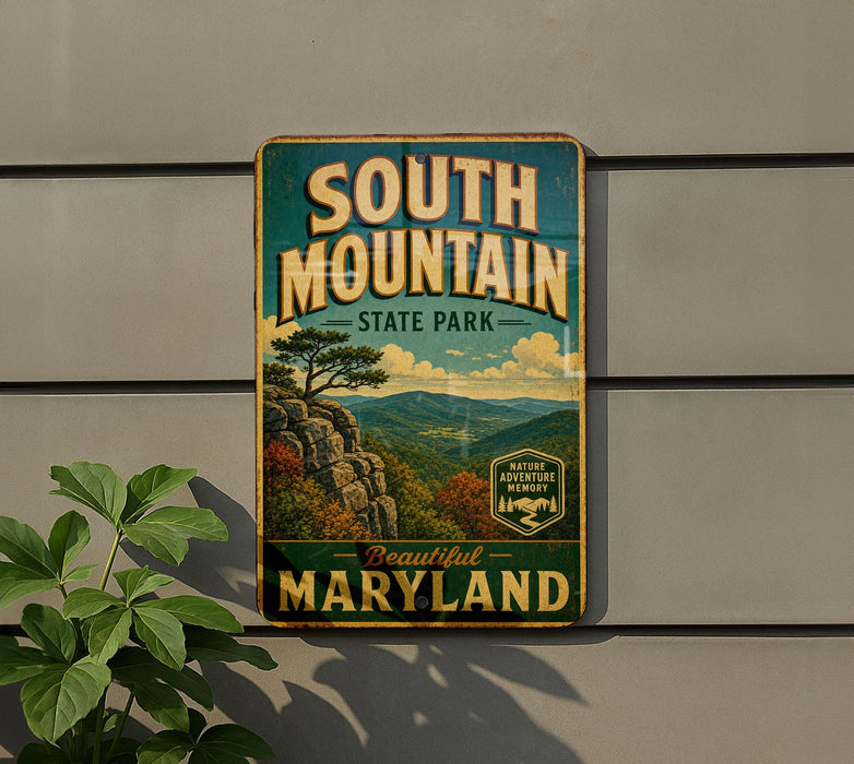 A vintage metal sign for South Mountain State Park in Maryland, featuring a scenic mountain landscape with a pine tree and clouds in the background.