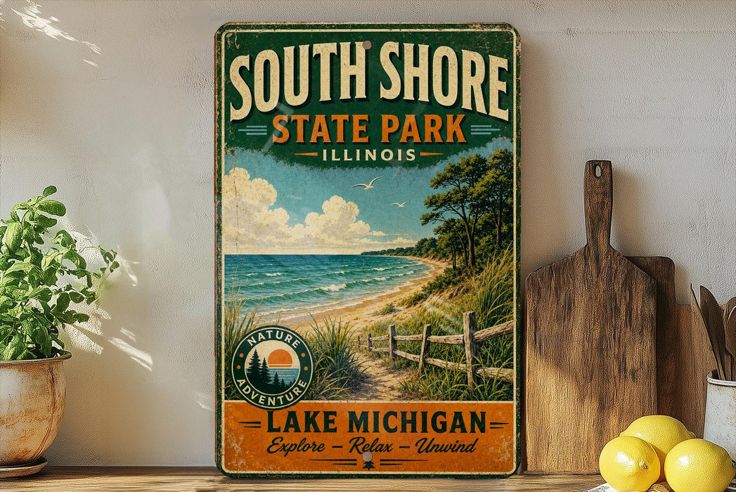 A vintage-style metal sign for South Shore State Park in Illinois, featuring a scenic beach landscape with a lake and a wooden fence.