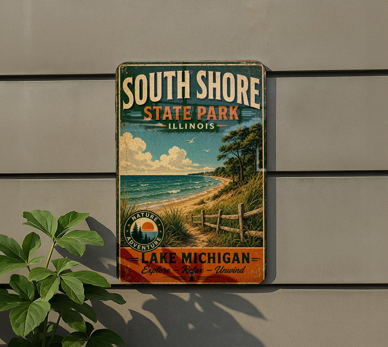 A vintage metal sign for South Shore State Park in Illinois, featuring a scenic beach landscape with a path leading to the lake.