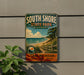 A vintage metal sign for South Shore State Park in Illinois, featuring a scenic beach landscape with a path leading to the lake.