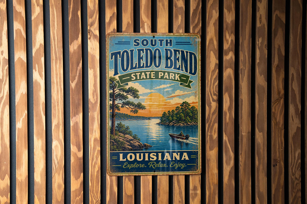 A vintage-style metal sign for South Toledo Bend State Park in Louisiana, featuring a scenic landscape with a lake, trees, and a sunset.