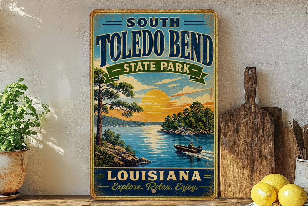 A vintage-style sign for South Toledo Bend State Park in Louisiana, featuring a scenic landscape with a lake, trees, and a boat on the water.