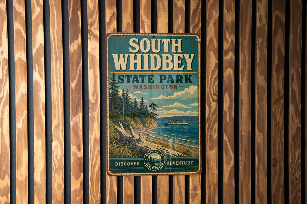 A vintage-style metal sign for South Whidbey State Park in Washington, featuring a scenic landscape with a boat on the water.