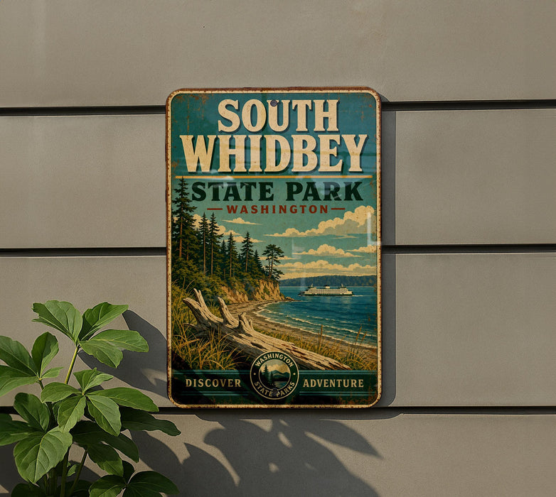 A vintage-style metal sign for South Whidbey State Park in Washington, featuring a scenic landscape with a boat on the water and a forested shoreline.