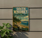 A vintage-style metal sign for South Whidbey State Park in Washington, featuring a scenic landscape with a boat on the water and a forested shoreline.