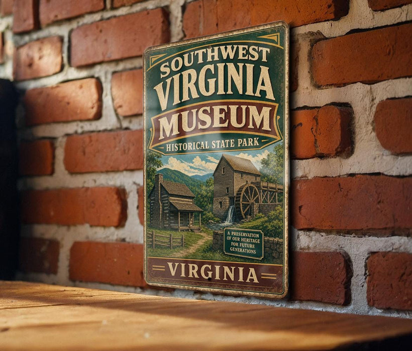 A vintage-style metal sign for the Southwest Virginia Museum, featuring a rustic image of a wooden cabin and a mill, mounted on a brick wall.